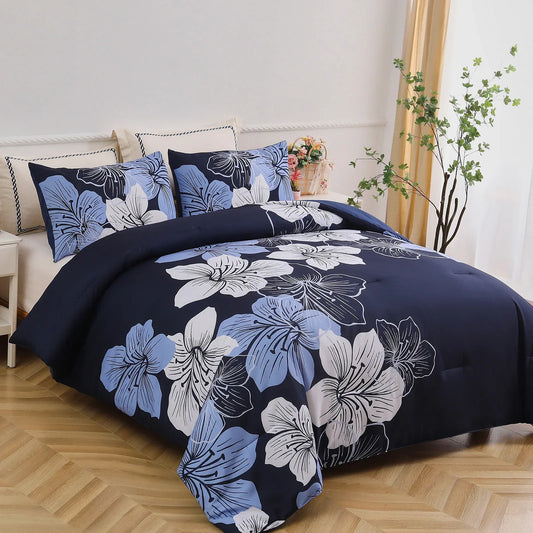 King Comforter Set, Navy Blue Floral 3-Piece Bedding, Soft Microfiber for All Seasons - Mekamart Australia