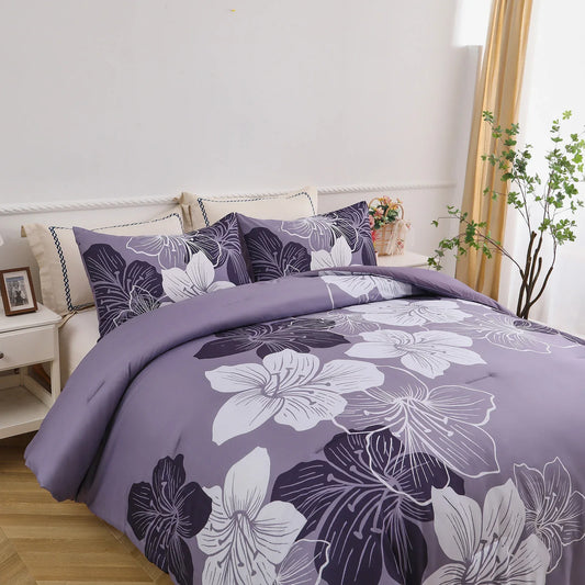 King Comforter Set, Dark Purple Floral 3-Piece Bedding, Soft Microfiber for All Seasons - Mekamart Australia