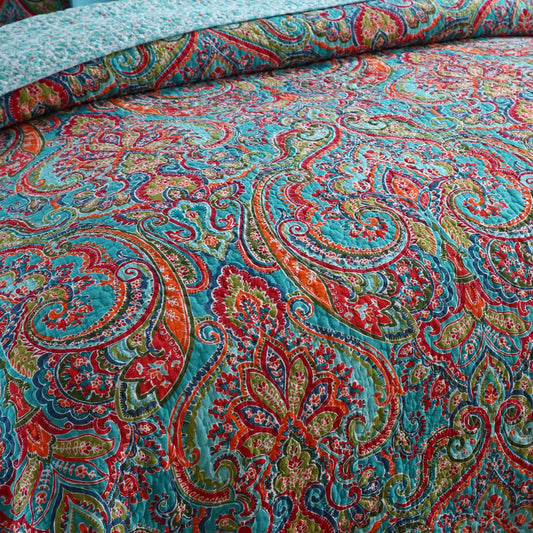Blue Teal Boho Print Bedspread Quilt Set + Pillowcases - Mekamart Australia