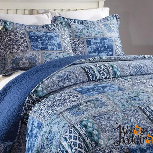 Boho Blue Quilted Coverlet & Pillow Set: Vibrant, Cozy Elegance - king - Mekamart Australia