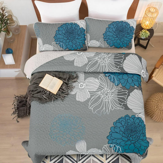 Grey Azure Bloom Quilted Coverlet Bedspread Set with Pillow Covers - Mekamart Australia