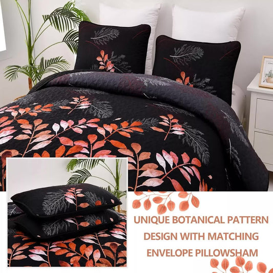 Black and Red Leaves Quilted Bedspread & Pillowcase Set