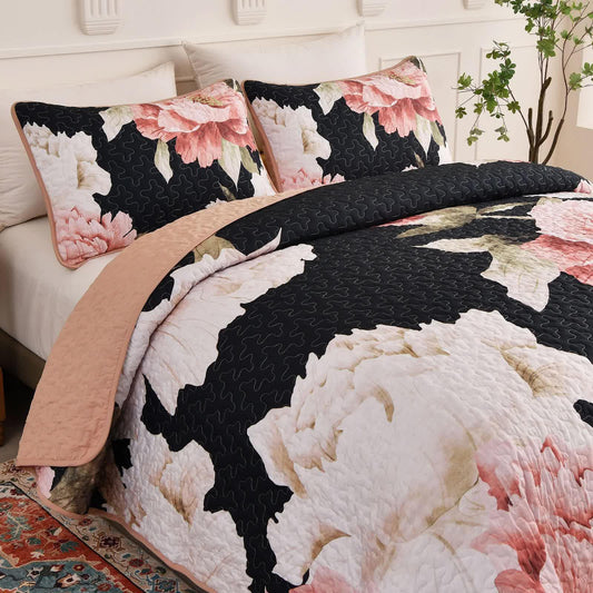Blossom Trio Quilted Coverlet Set with Pillowcases (Black, Red & Pink - Mekamart Australia