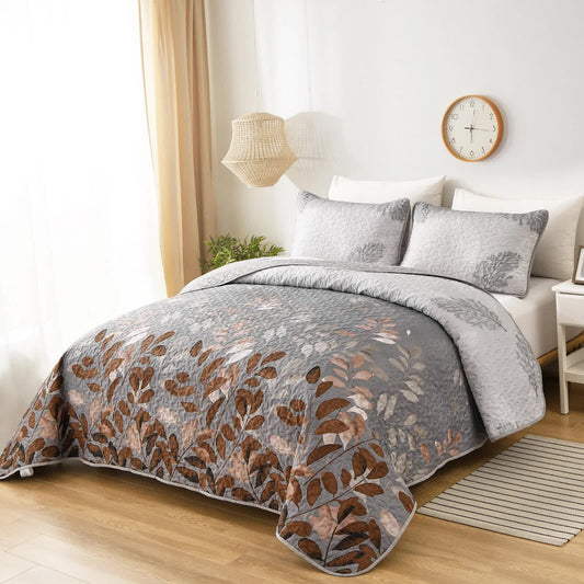 Brown Verdant Quilted Ensemble with Flower Motifs bedspread and Pillowcases - Mekamart Australia