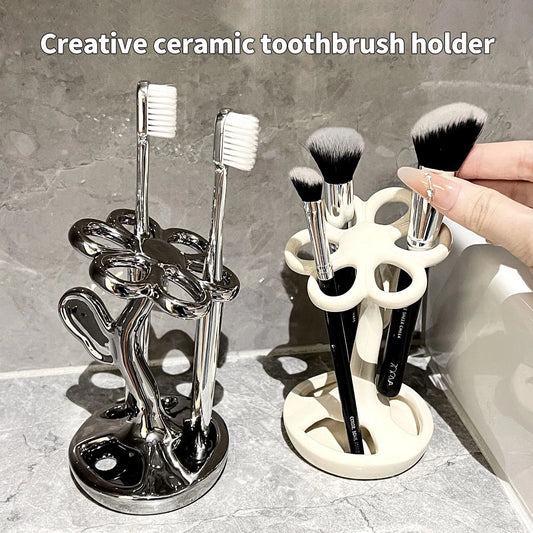 Silver Gray Creative Ceramic Toothbrush Holder - Makeup Brush & Eyebrow Pencil Organizer for Bathroom, Stylish and Practical Toothbrush Stand - Mekamart Australia