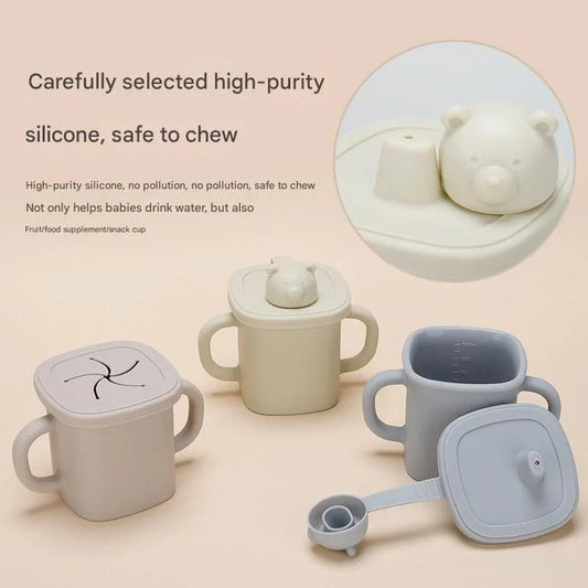 Light Brown Silicone Baby Training Cup with Dual Handles, Duck-Bill & Snack Cup Lids, Spill-Proof & Drop-Proof - Mekamart Australia