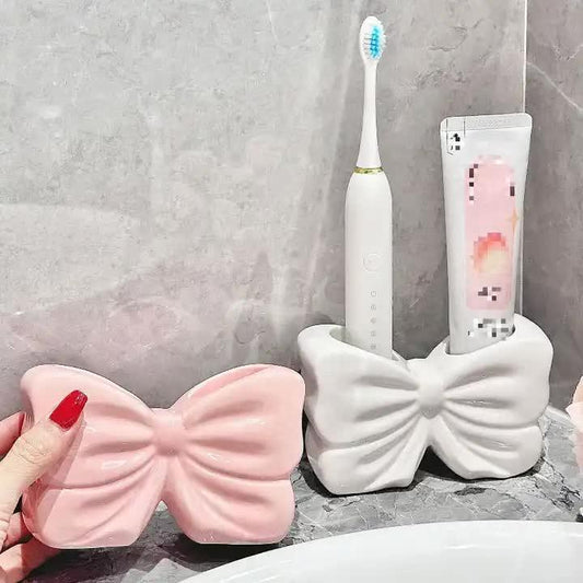 Pink Creative Ceramic Bowknot Toothbrush Holder - Elegant Bathroom Storage for Electric Toothbrush and Toothpaste - Mekamart Australia