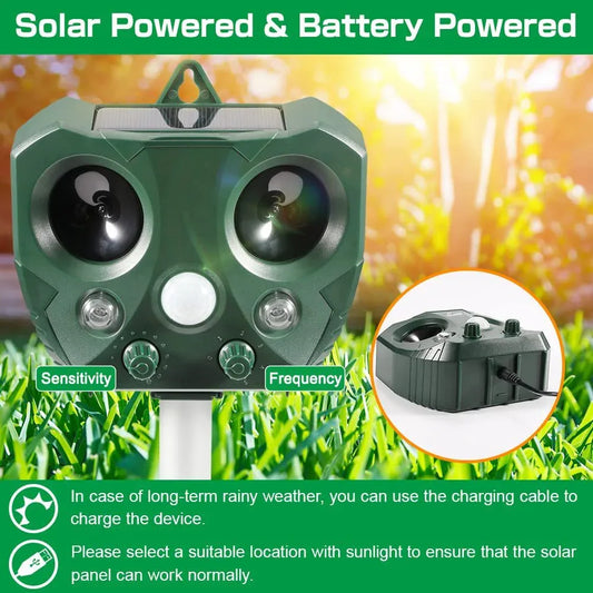 SJZ668A Solar-Powered Ultrasonic Animal Repellent with Motion Sensor & LED Flashing Lights - Mekamart Australia