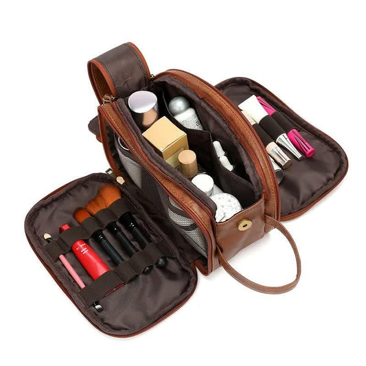 Black Vintage Leather Makeup Bag with Multi-Compartment Organizer - Travel Cosmetic Case - Mekamart Australia