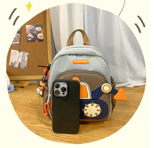 Grey-brown Kids' Cartoon Backpack - Adorable Excavator Design with Spacious Compartments - Mekamart Australia