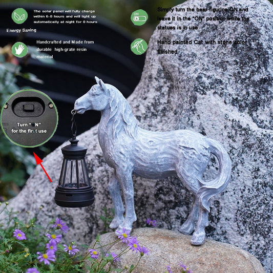 Grey Solar-Powered Horse Statue with LED Lantern – Rustic Outdoor Garden Ornament