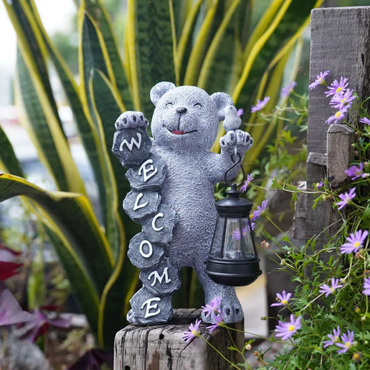 Solar-Powered Welcome Bear Statue with LED Lantern - Outdoor Garden & Patio Decor - Mekamart Australia