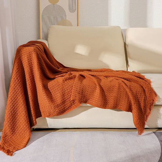 130*230CM Caramel Nordic Solid Color Knitted Sofa Throw Blanket with Tassels - Waffle Weave Polyester Decorative Blanket - Mekamart Australia