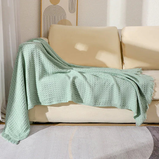 130*230CM Cyan Nordic Solid Color Knitted Sofa Throw Blanket with Tassels - Waffle Weave Polyester Decorative Blanket - Mekamart Australia