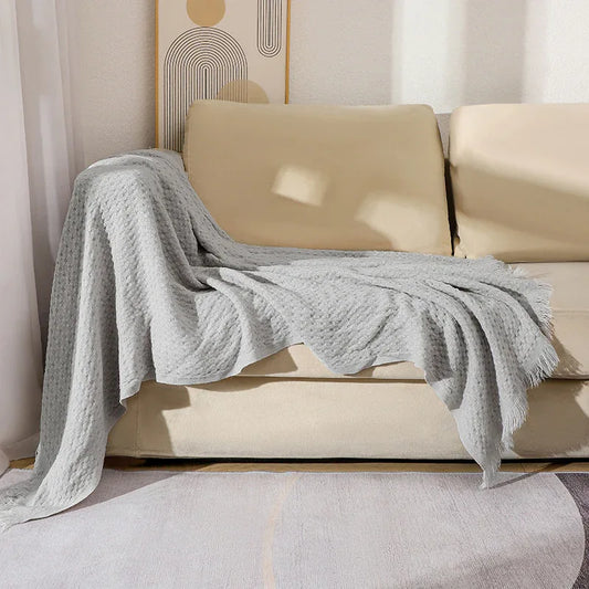 130*230CM Grey Nordic Solid Color Knitted Sofa Throw Blanket with Tassels - Waffle Weave Polyester Decorative Blanket - Mekamart Australia