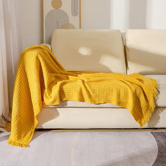 130*230CM Bright Yellow Nordic Solid Color Knitted Sofa Throw Blanket with Tassels - Waffle Weave Polyester Decorative Blanket - Mekamart Australia