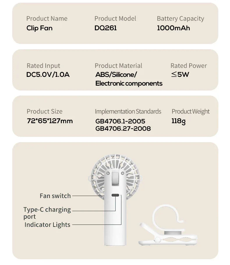 Ice Green Portable Multifunctional Clip Fan DQ261 - 1000mAh Battery, 3-Speed, Quiet Cooling for Summer