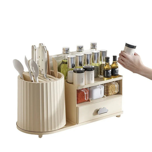 All-in-One Kitchen Countertop Organizer | Rotating Utensil Holder, Knife Block & Spice Rack with Drawer | Transparent color - Mekamart Australia