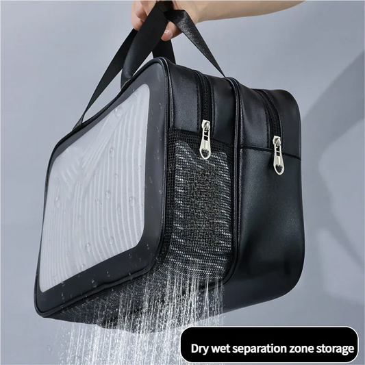 2PCS Dual-Layer Transparent PU Cosmetic Pouch - Wet and Dry Separation, Large size(31*15*20cm)- Black - Mekamart Australia