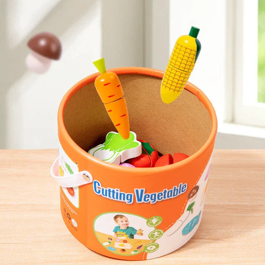 Kids Wooden Vegetable Cutting Toy Set - 18x15cm, Includes Knife, Fish, Carrot, Tomato & More - Mekamart Australia
