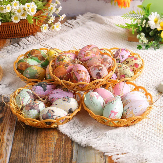 Brown Rabbits Five Sets Of Six Each Easter Egg Hanging Ornament Set with Creative Woven Basket - Festive Decor for Home Scenes - Mekamart Australia