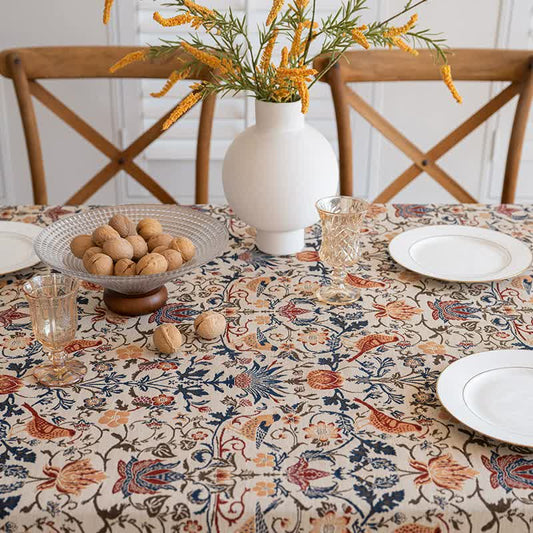 Floral Vintage Bird Tassel Tablecloth | Vintage Cotton and Linen Jacquard Tablecloth, 90x90cm