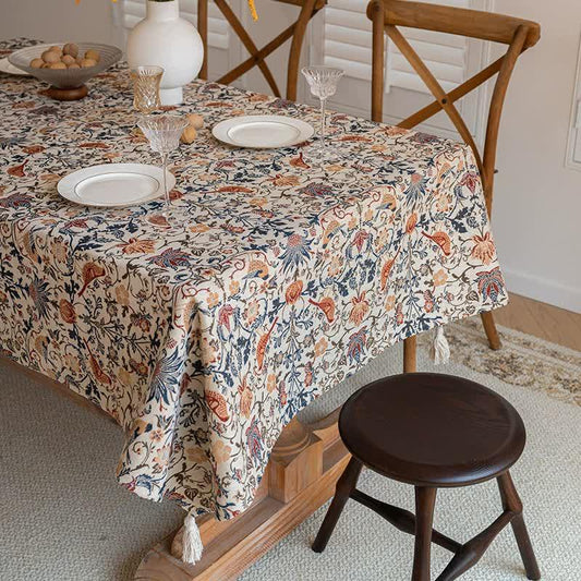 Floral Vintage Bird Tassel Tablecloth | Vintage Cotton and Linen Jacquard Tablecloth, 90*140cm - Mekamart Australia