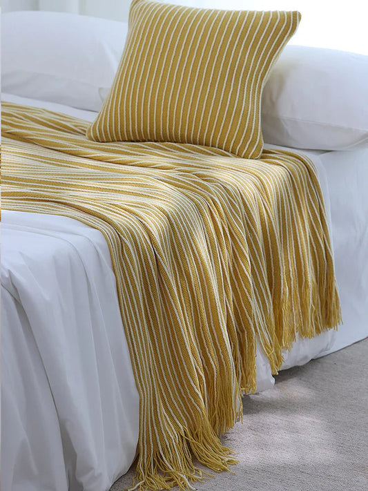 Yellow Cozy Knit Throw Blanket with Fringe - Stylish Striped Bed End Cover, 127x170CM - Mekamart Australia