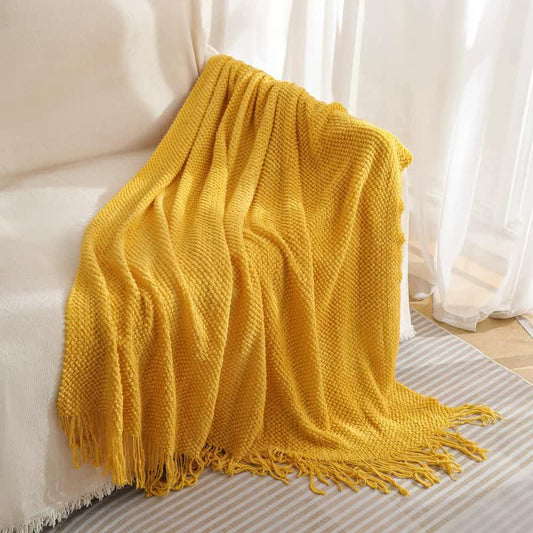 Yellow Premium Woven Knitted Throw Blanket with Tassels | Soft, Cozy Sofa & Bed Blanket, Perfect for Office or Afternoon Naps 130x220cm - Mekamart Australia