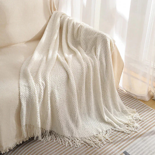 Beige Premium Woven Knitted Throw Blanket with Tassels | Soft, Cozy Sofa & Bed Blanket, Perfect for Office or Afternoon Naps 127x172cm - Mekamart Australia
