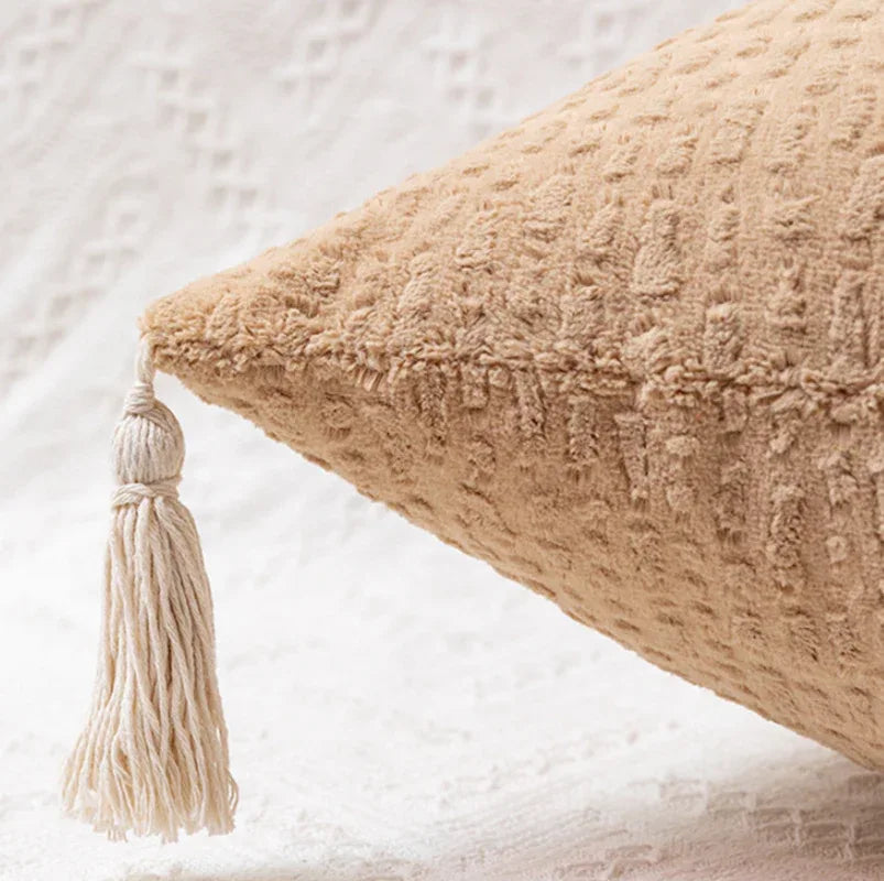 Brown Set of 2 Textured Velvet Throw Pillow Covers with Tassels - Decorative Square Cushions 45*45cm - Mekamart Australia