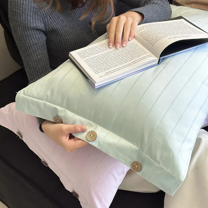 Light Green Wide Stripes Long Staple Cotton Sateen Pillowcase Set - Jacquard Striped, Pure Cotton, 48x74cm (Pair) - Mekamart Australia