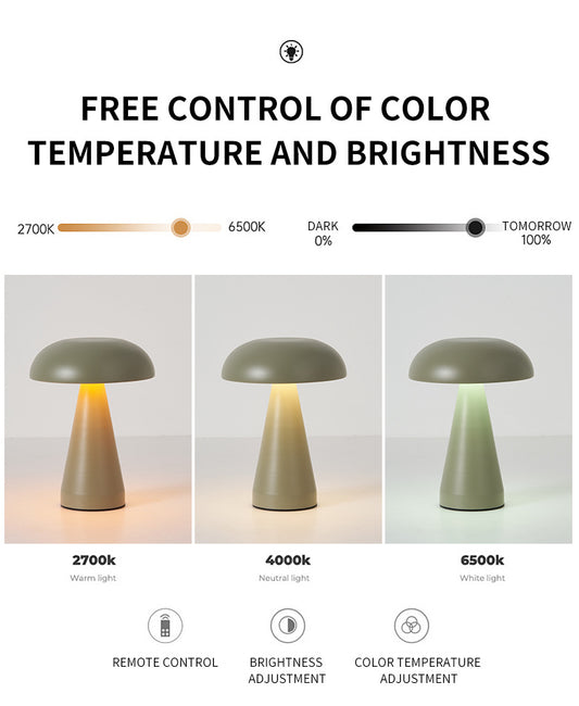 Silver Metal Mushroom Table Lamp - Rechargeable Touch Control Ambient Light with Remote