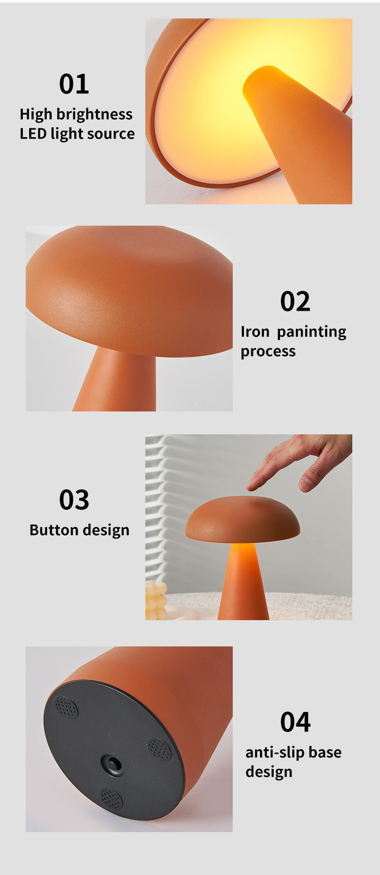 Rose Glod Metal Mushroom Table Lamp - Rechargeable Touch Control Ambient Light with Remote