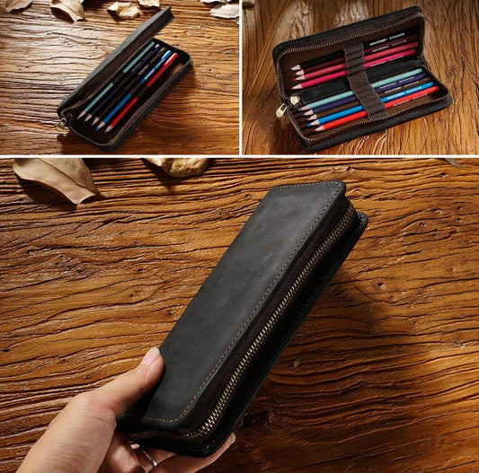Black Genuine Leather Pencil Case - Vintage Zip-Up Pen Holder with Elastic Loops - Mekamart Australia