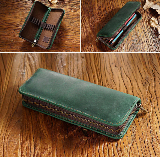 Dark Green Genuine Leather Pencil Case - Vintage Zip-Up Pen Holder with Elastic Loops