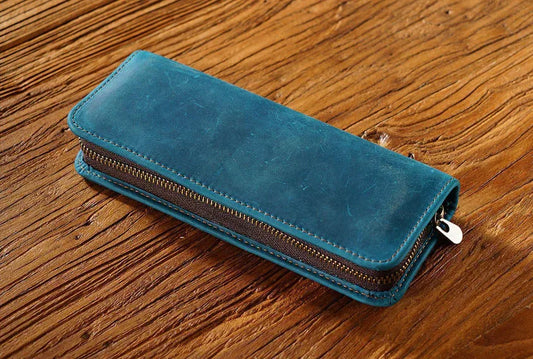 Blue Genuine Leather Pencil Case - Vintage Zip-Up Pen Holder with Elastic Loops - Mekamart Australia