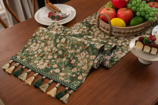 Floral Table Runner with Tassels - Jacquard Green Farmhouse Style (33x240cm) - Mekamart Australia
