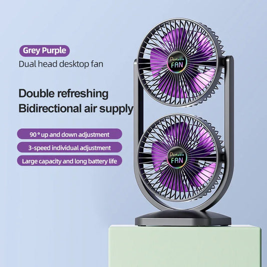 Purple Dual Head USB Rechargeable Desk Fan - Portable Double Air Circulator - Mekamart Australia
