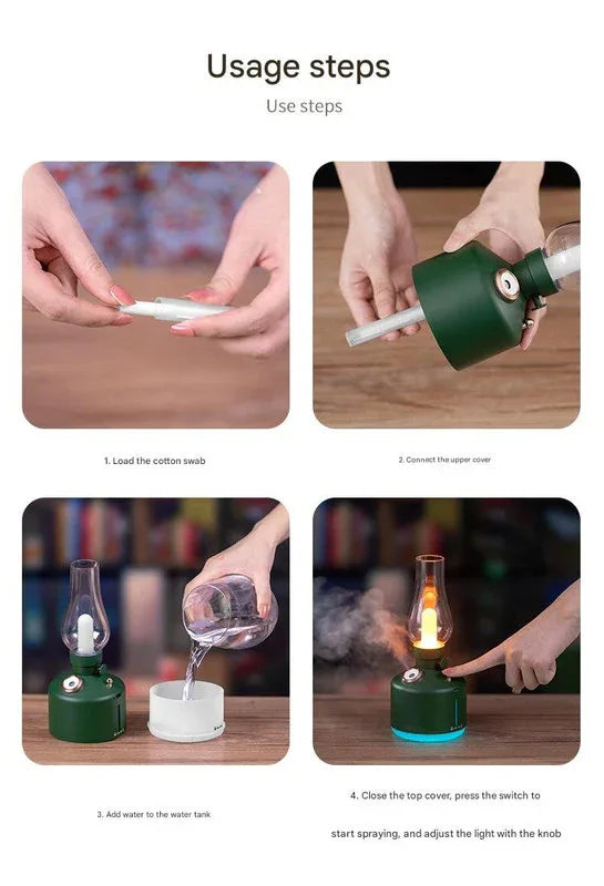 Green Retro Kerosene Lamp Humidifier - Rechargeable Cool Mist Maker with Dimmable Light - Mekamart Australia