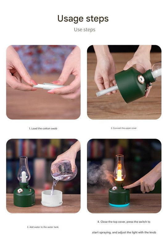 Green Retro Kerosene Lamp Humidifier - Rechargeable Cool Mist Maker with Dimmable Light