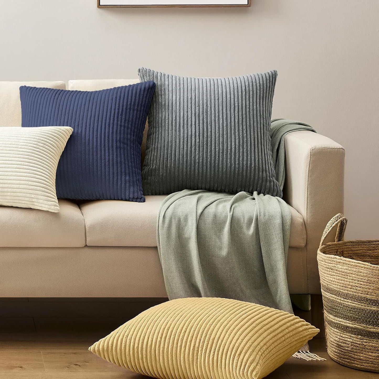 Light Grey Plush Striped Pillow Covers 45x45cm - Set of 4 Corduroy-Style Cushion Covers with Invisible Zipper, Soft and Washable for Sofa Decor - Mekamart Australia