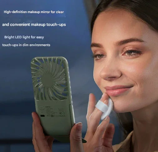 White Portable Handheld Fan with Makeup Mirror - USB Rechargeable 3-Speed Mini Fan for Summer Cooling - Mekamart Australia