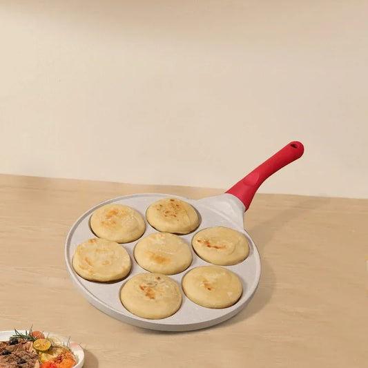 Beige Cartoon + Red Handle (Gas Model) Non-Stick Pancake Pan - 7-Hole Fun Shapes Breakfast Griddle (27cm) - Mekamart Australia