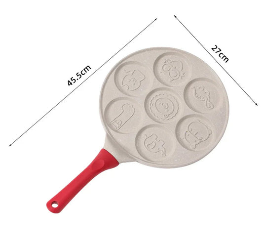 Beige Heart + Wood Grain Handle (Gas Model) Non-Stick Pancake Pan - 7-Hole Fun Shapes Breakfast Griddle (27cm) - Mekamart Australia