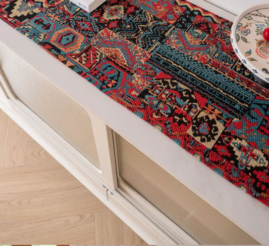 Jacquard Red Water Plant 33-180cm Elegant Geometric Jacquard Table Runner with Tassels - Modern Dining & Coffee Table Decor - Mekamart Australia