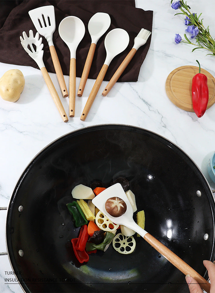 Dark Green 11-Piece Silicone Kitchen Utensil Set with Wooden Handles and Storage Bucket - Heat Resistant and Non-Stick