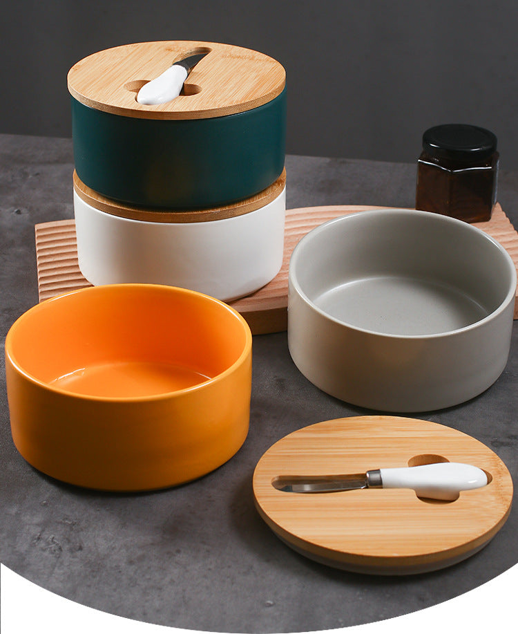 Yellow Nordic Ceramic Butter Dish with Knife - Airtight Cheese Container with Bamboo Lid, Kitchen Storage