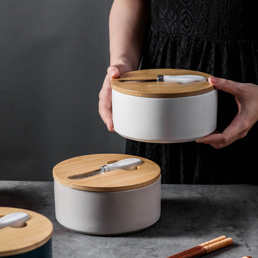 Green Nordic Ceramic Butter Dish with Knife - Airtight Cheese Container with Bamboo Lid, Kitchen Storage