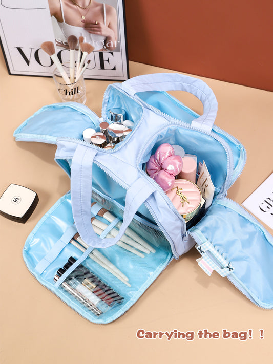 Portable Multi-Compartment Travel Toiletry & Makeup Organizer Bag with Brush Holders(Beige)